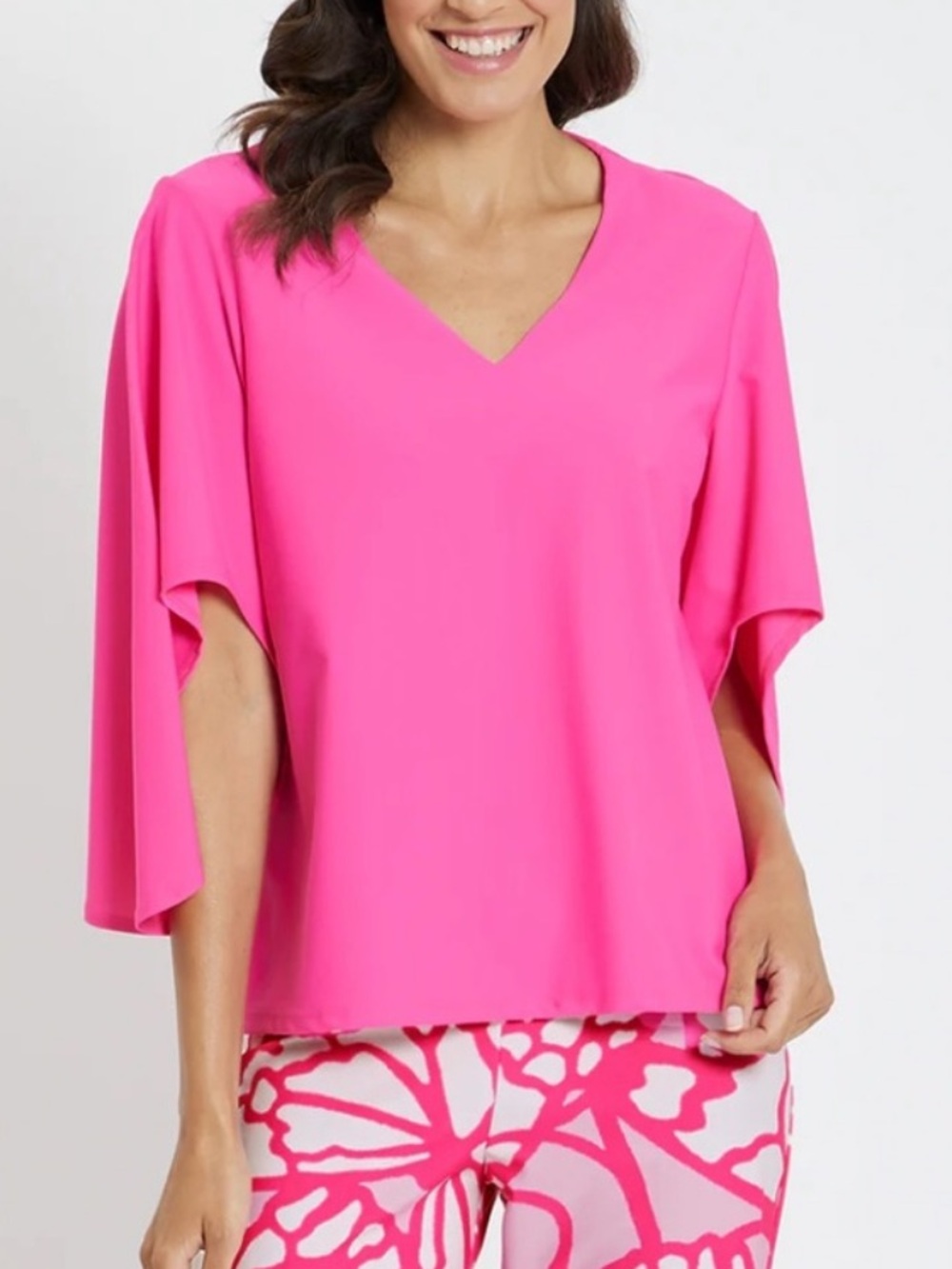 Jude Connally Daniella V-Neck Flutter Sleeve Blouse in Pink Peony Size S